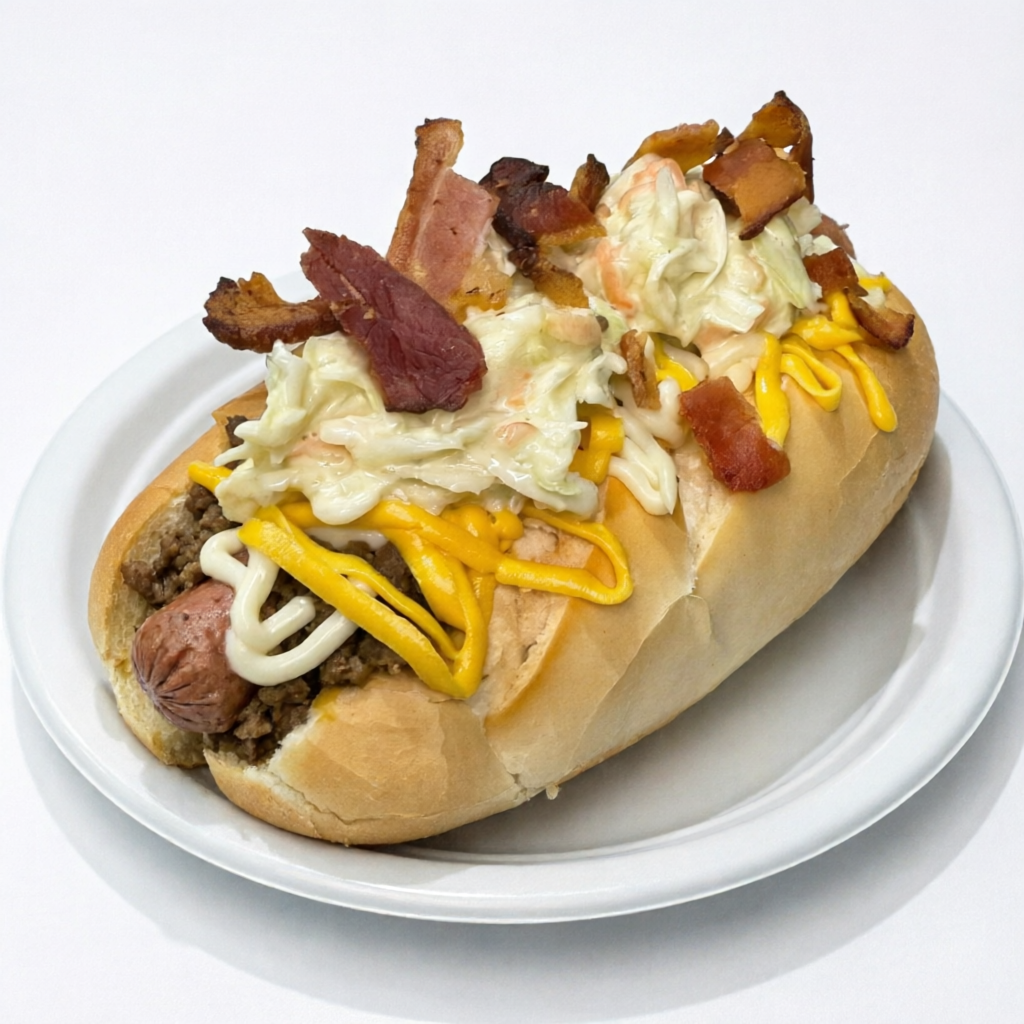 Pão de hot dog especial, salsicha molho, picadinho, creme de repolho com maionese caseira, Catupiry, cheddar, bacon, batata palha