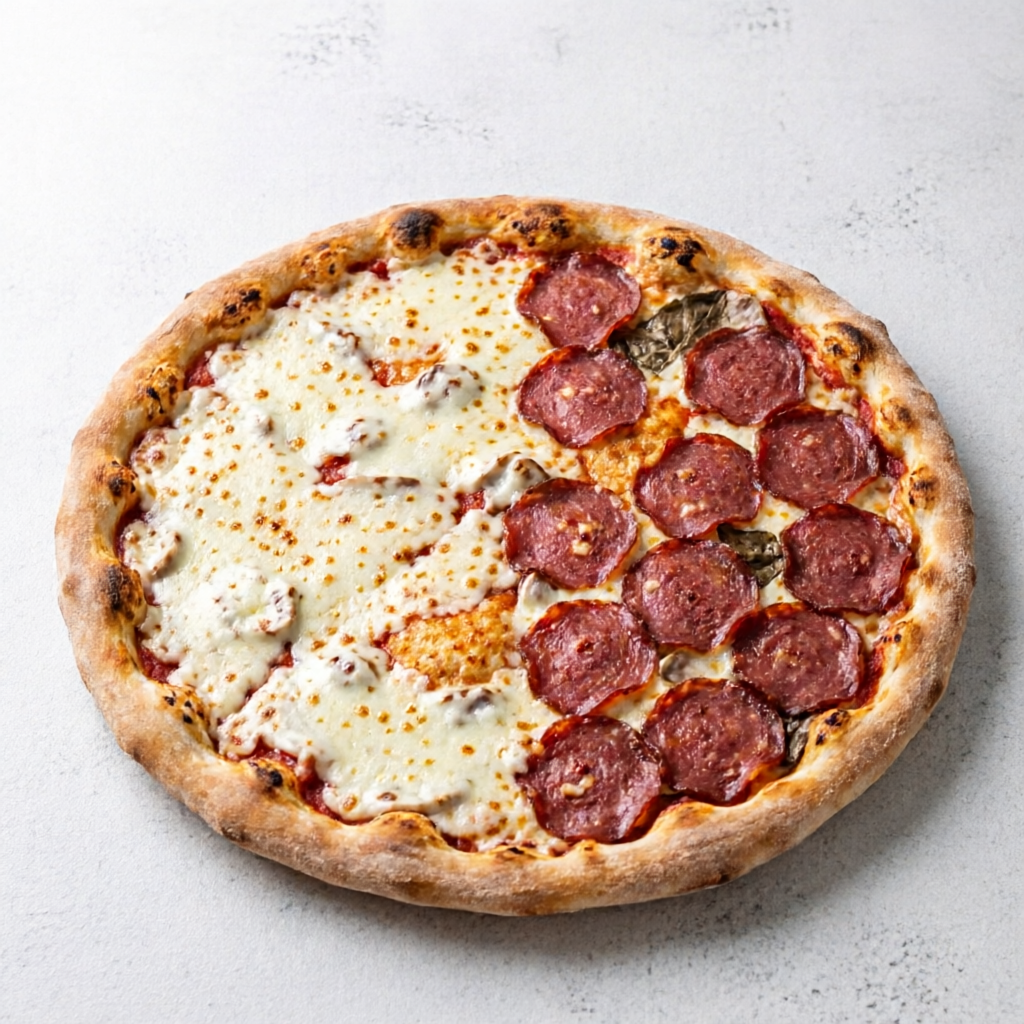Desfrute de nossa esplêndida Pizza Grande, dividida harmoniosamente em duas saborosas metades. De um lado, a cremosidade inconfundível da mussarela, derretida à perfeição, cobrindo a massa crocante até a borda. Do outro, a calabresa, fatiada finamente e distribuída de maneira uniforme, proporcionando um sabor marcante e delicioso a cada mordida. Essa combinação clássica mistura a criatividade brasileira com a tradição italiana.