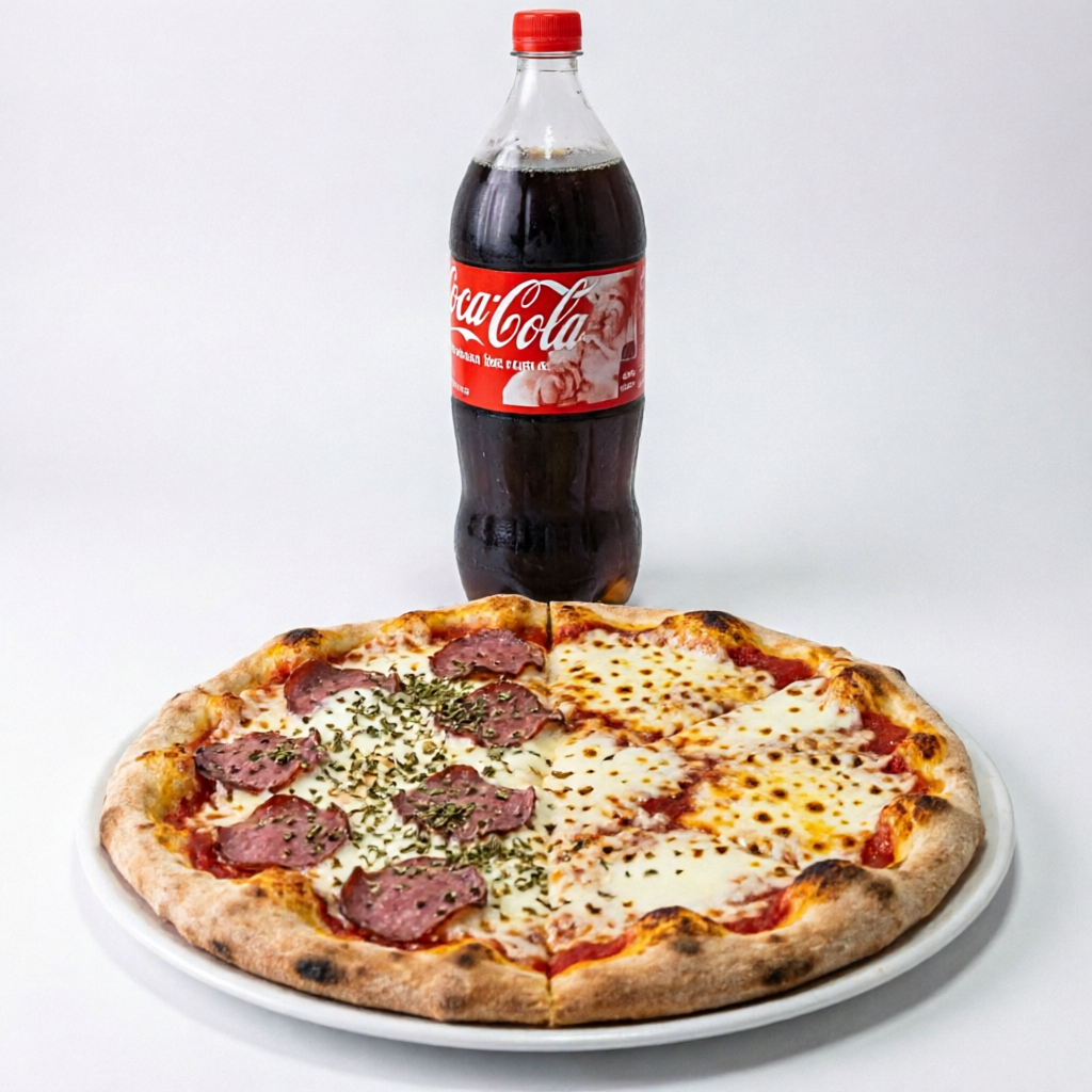 Pizza artesanal, base com molho de tomate e queijo muçarela, calabresa defumada e finalizada com óregano