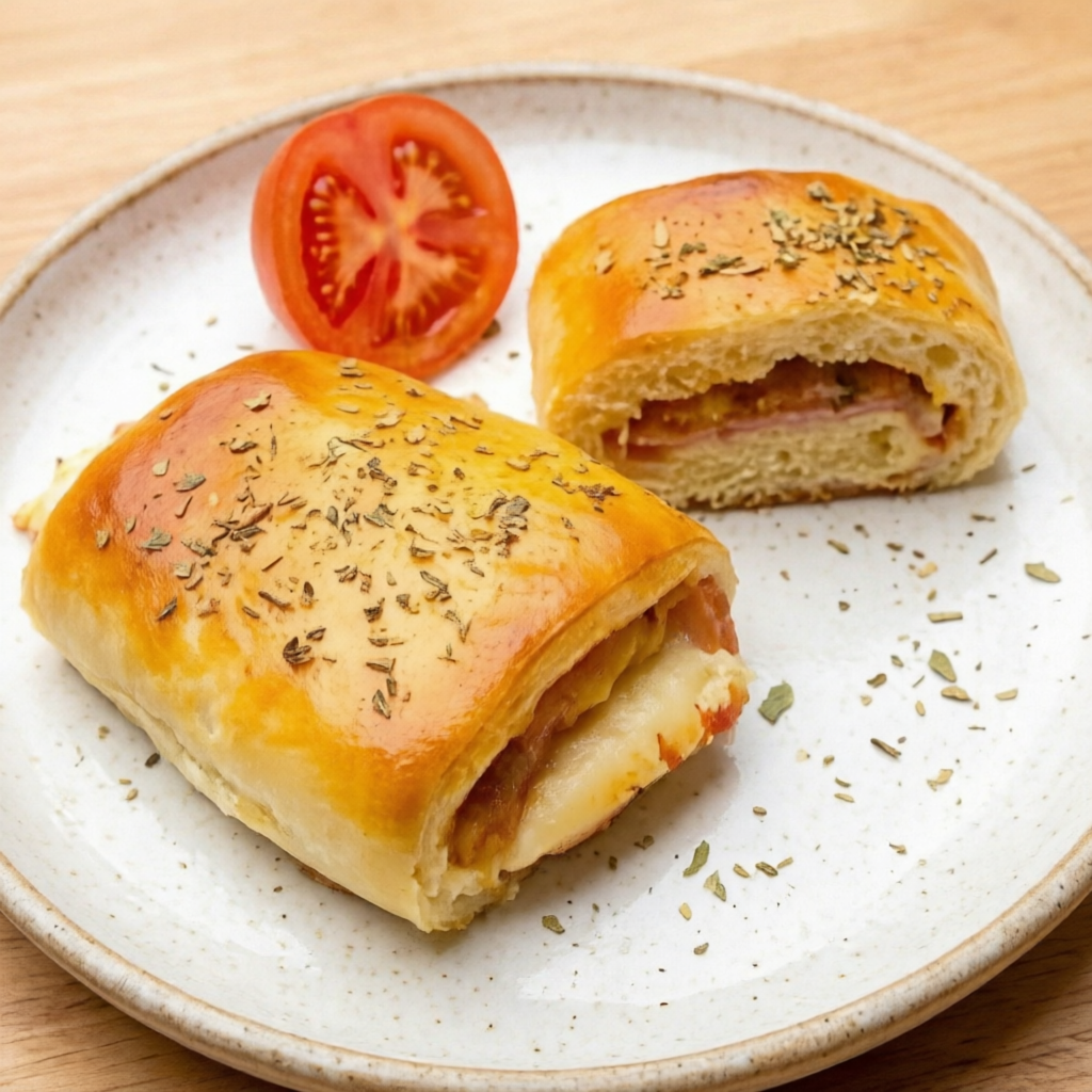 Um delicioso salgado assado recheado com presunto, queijo e tomate.