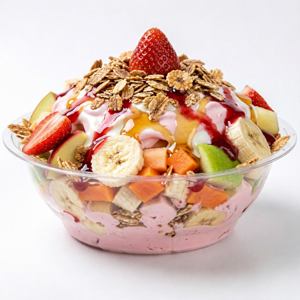 Banana, maça, mamão, melão, morango, granola, iogurte de morango, mel, leite condensado e cobertura de morango. Obs: as frutas não podem ser substituídas por morango e nem por outras que não estejam na descrição, acima.