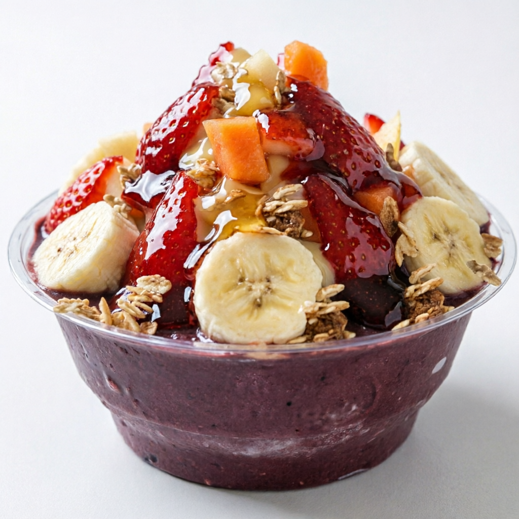 400 g de açaí, acompanhado de granola, banana, maça, mamão, morango, leite condensado, mel, cobertura de morango