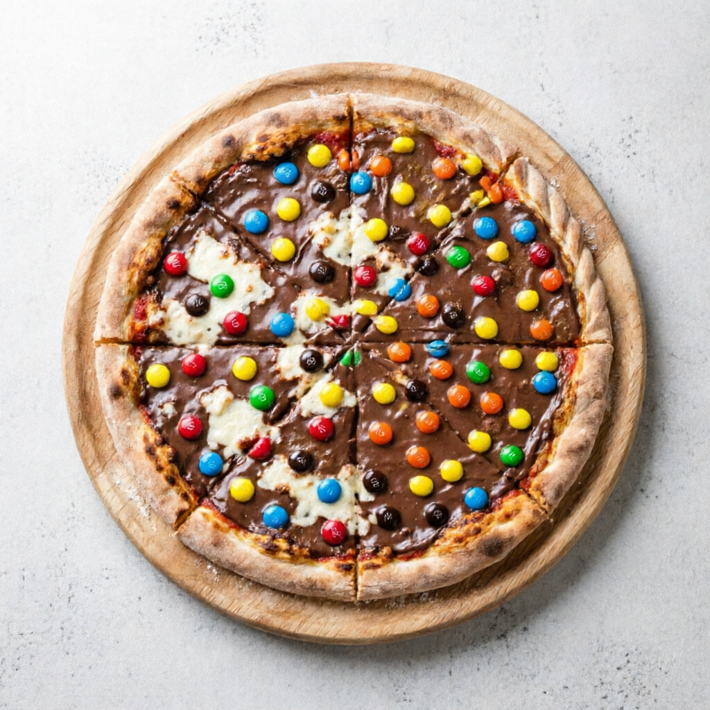 Chocolate, queijo muçarela e M&M. (10 fatias)