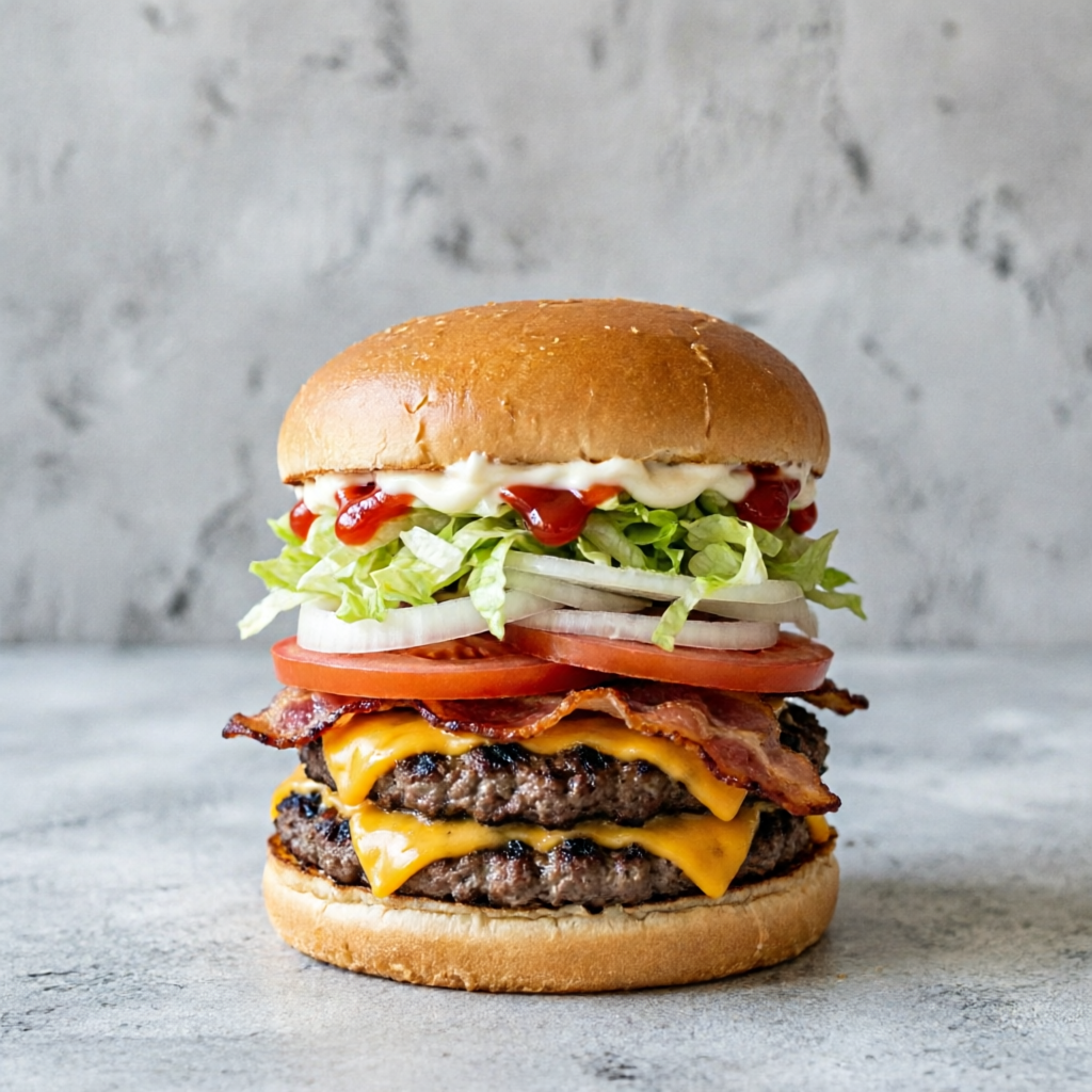 Dois hambúrguer Angus (Smash 100g - Esmagado na Chapa), queijo cheddar americano derretido entre as carnes. Para dar o toque especial, uma camada de bacon crocante com estalo, alface americana picada sem miséria, rodelas de tomate fresco e cebola de respeito. Finalizado com maionese e ketchup de verdade, tudo fechado em um pão levemente selado que segura todo esse sabor.