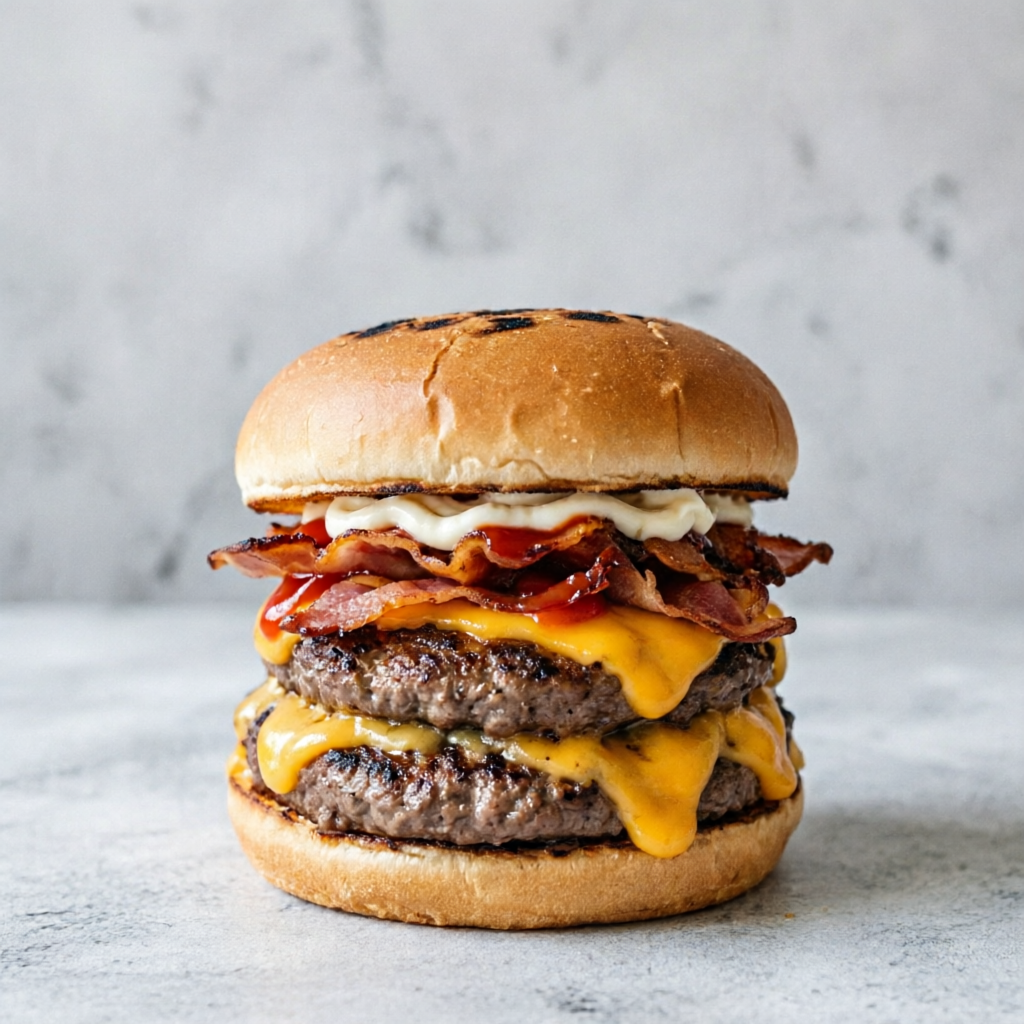 Dois hambúrguer Angus (Smash 100g - Esmagado na Chapa), prensando uma quantidade generosa de queijo cheddar americano derretido entre as carnes. Por cima, a brutalidade do bacon crocante com o estalo perfeito, acompanhado de maionese e ketchup de verdade. Tudo isso fechado em um pão levemente selado na chapa para aguentar o tranco.