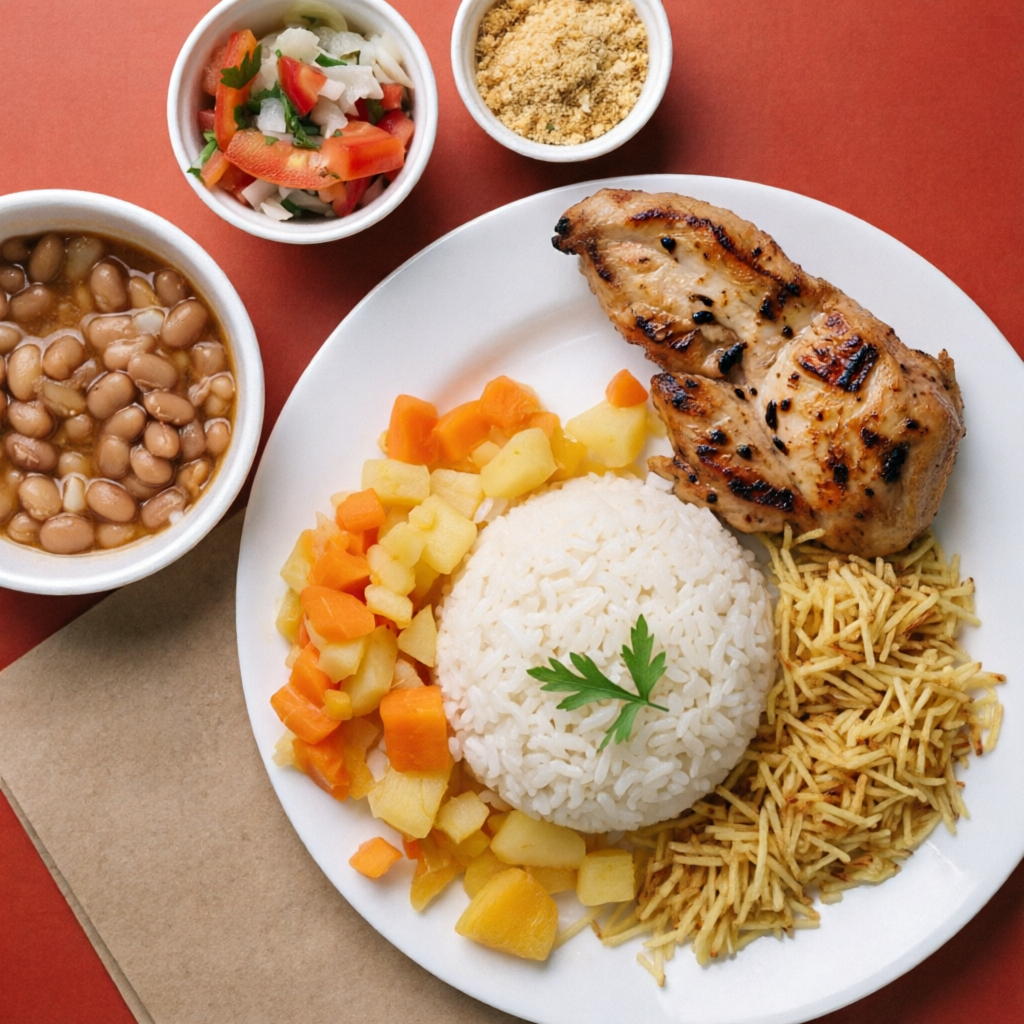 Delicioso marmitex com filé de frango, arroz, feijão, legumes, farofa e batata palha.