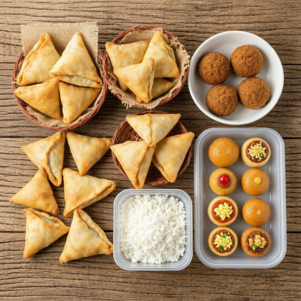 10 esfihas fechadas de carne 4 kibes fritos 200 gramas de coalhada seca 1 bandeja de mini doces(10 unidades)
