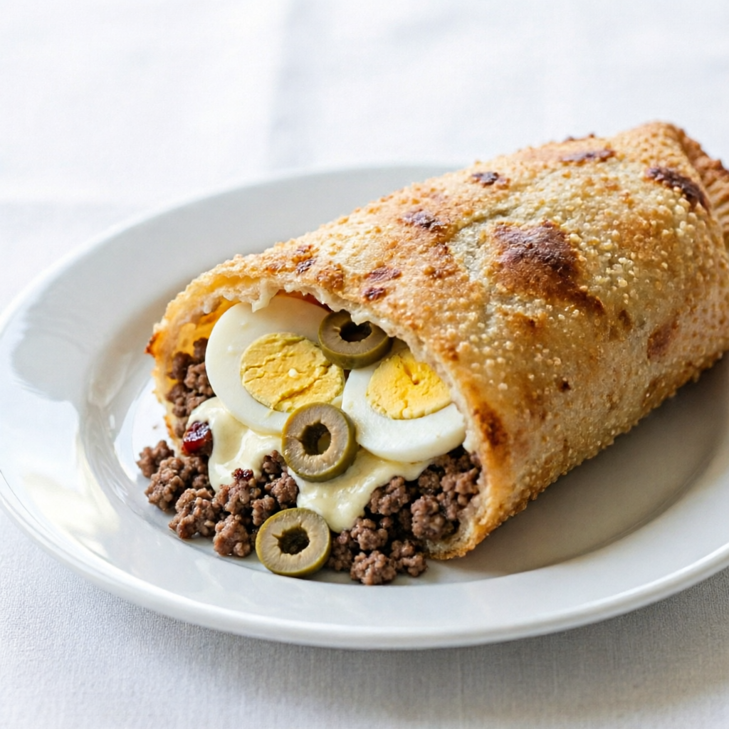 Pastel de 30 Centímetros recheado com Carne Moída temperada, Ovos cozidos, Queijo Mussarela e Azeitonas!