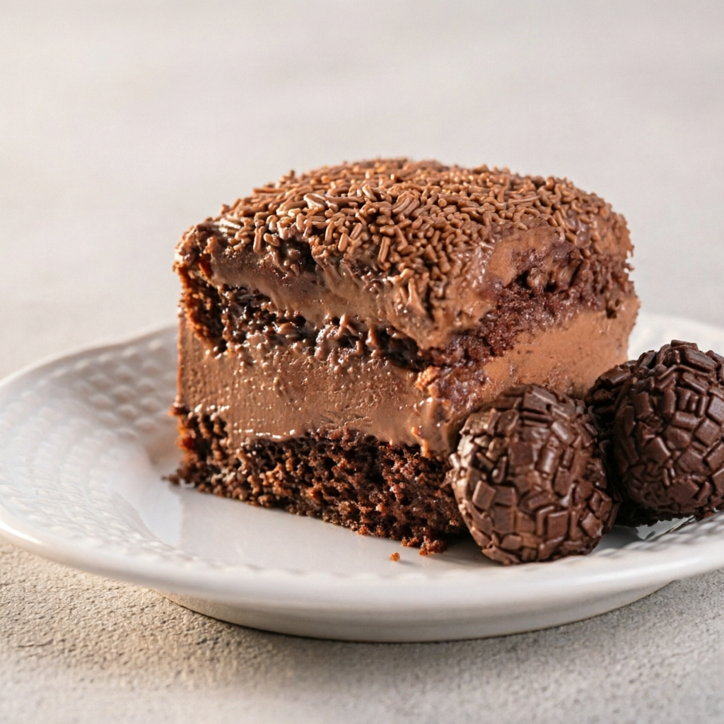 Massa de chocolate bem molhadinho, recheio delicioso de brigadeiro belga e granulado Callebaut.