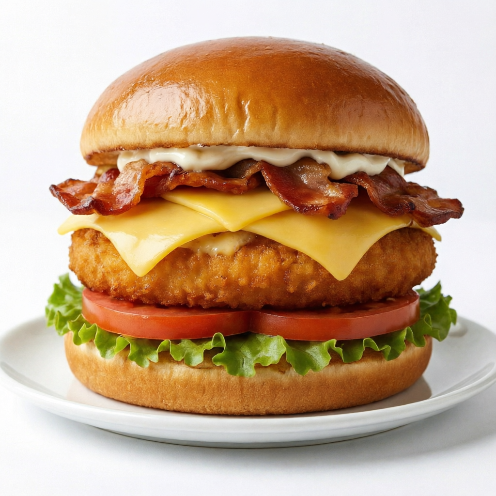 Pão brioche, hamburguer de frango empanado, queijo prato, bacon, tomate, alface e maionese defumada.