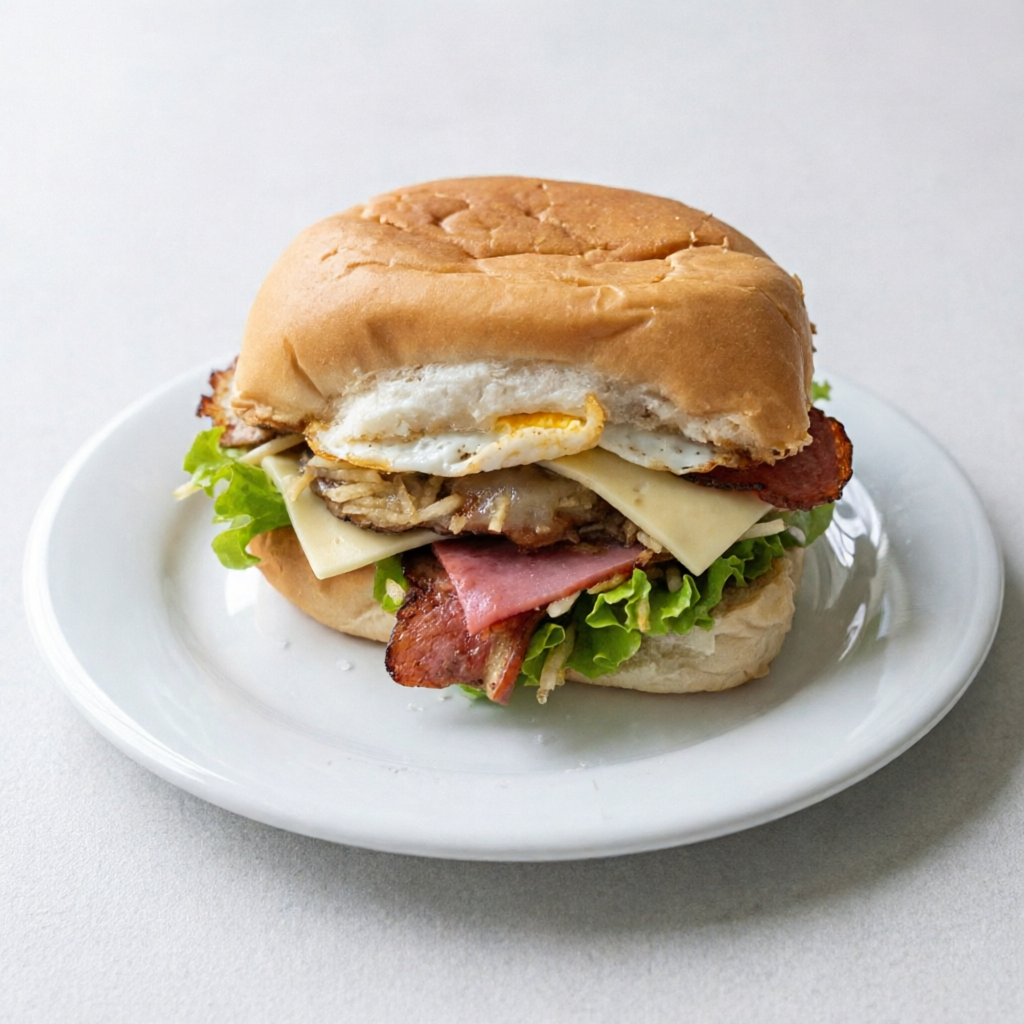 Pão,carne,calabresa,ovo, queijo mussarela, salada e molho da casa.