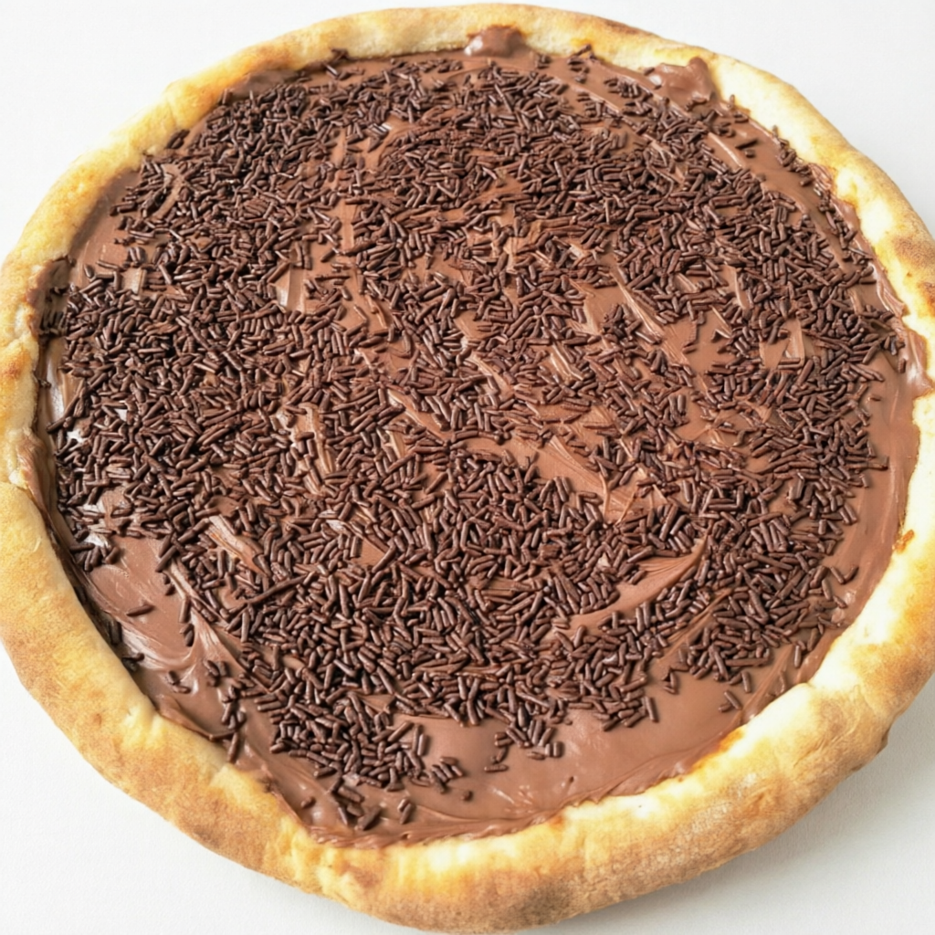 Massa fina, chocolate ao leite, chocolate granulado. (Pizza Média - 6 Fatias)