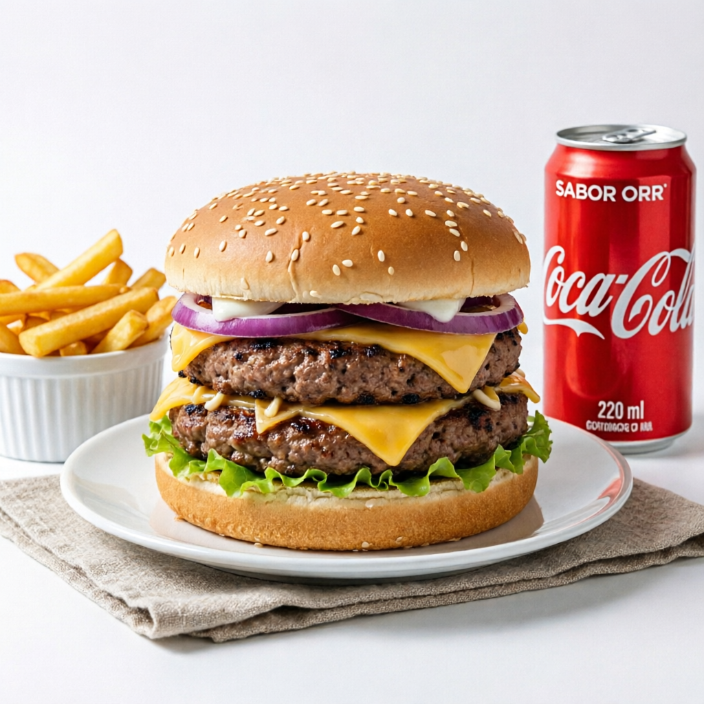 Hambúrguer Onça Pintada+ Batata Mico Leão+ Refrigerante (lata de Coca Cola Zero ou Fanta laranja ou uva 220ml). Pedir na observação.