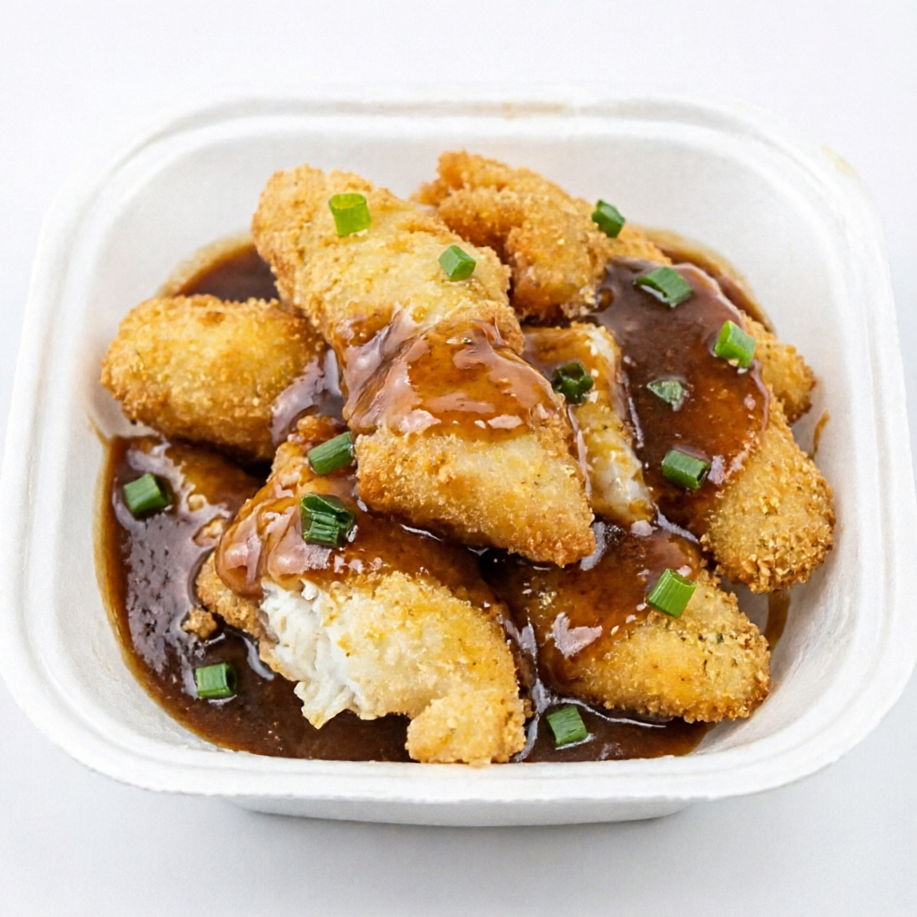 Isca de pescada Branca Empanada Com Molho especial.
