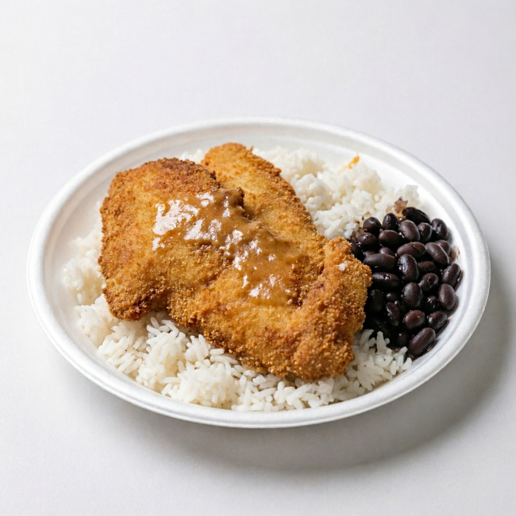 Acompanha: 2 filé de frango a milanesa, arroz, feijão.