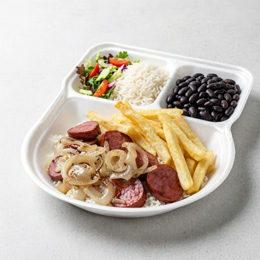 Acompanha: calabresa, cebola, arroz, feijão e salada. ( não acompanha salada)