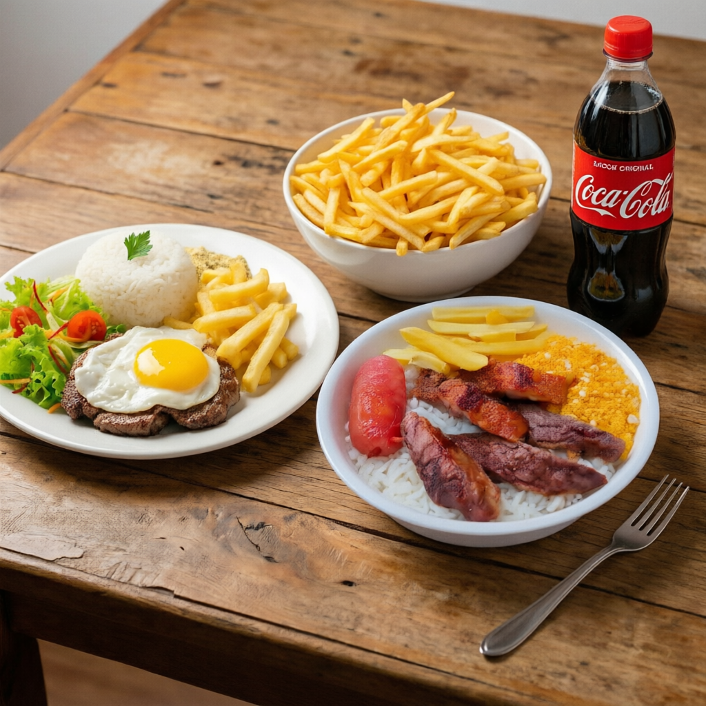 Combo Seleção 99, 1*Marmitex de churrasco, 1*Bife à cavalo, 1*Porção Batata Frita, 1*Coca cola 2lt