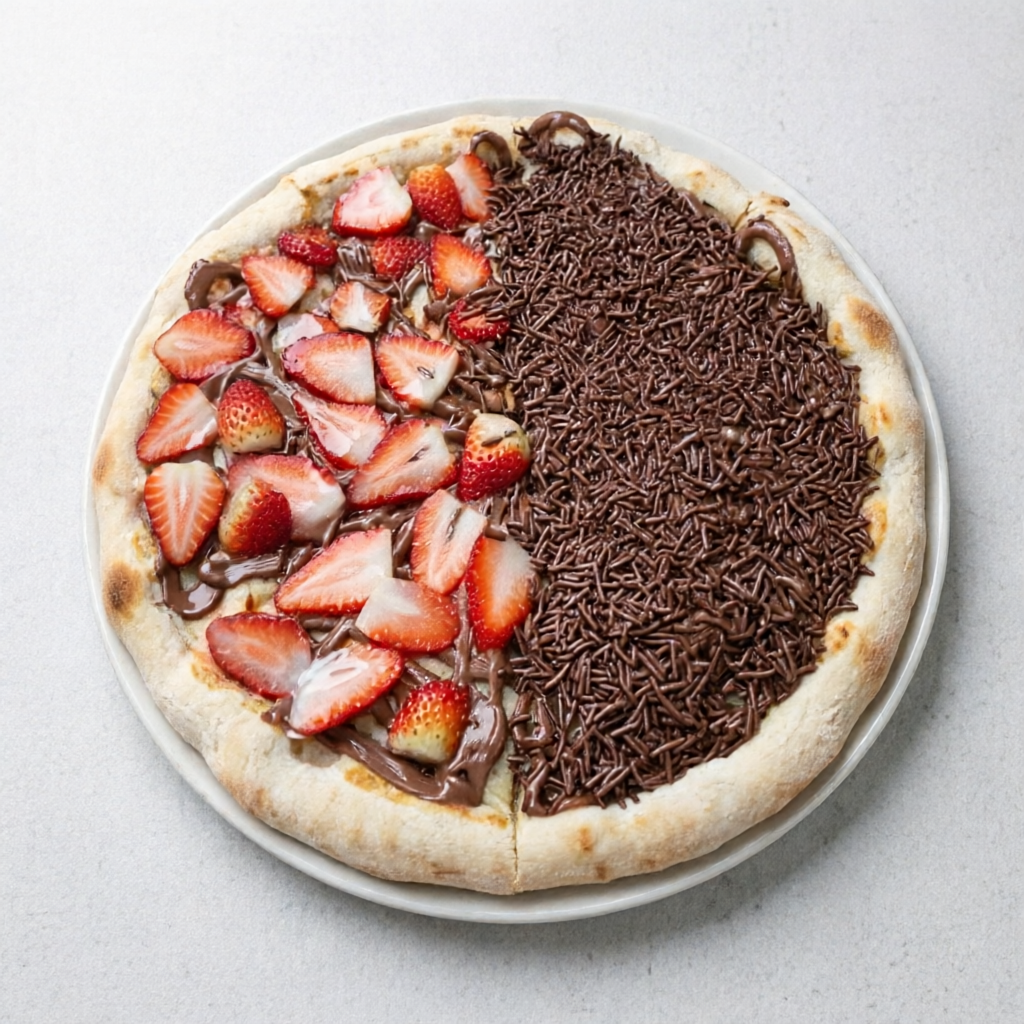 1/2 Chocolate, morango e granulado 1/2 Chocolate e granulado