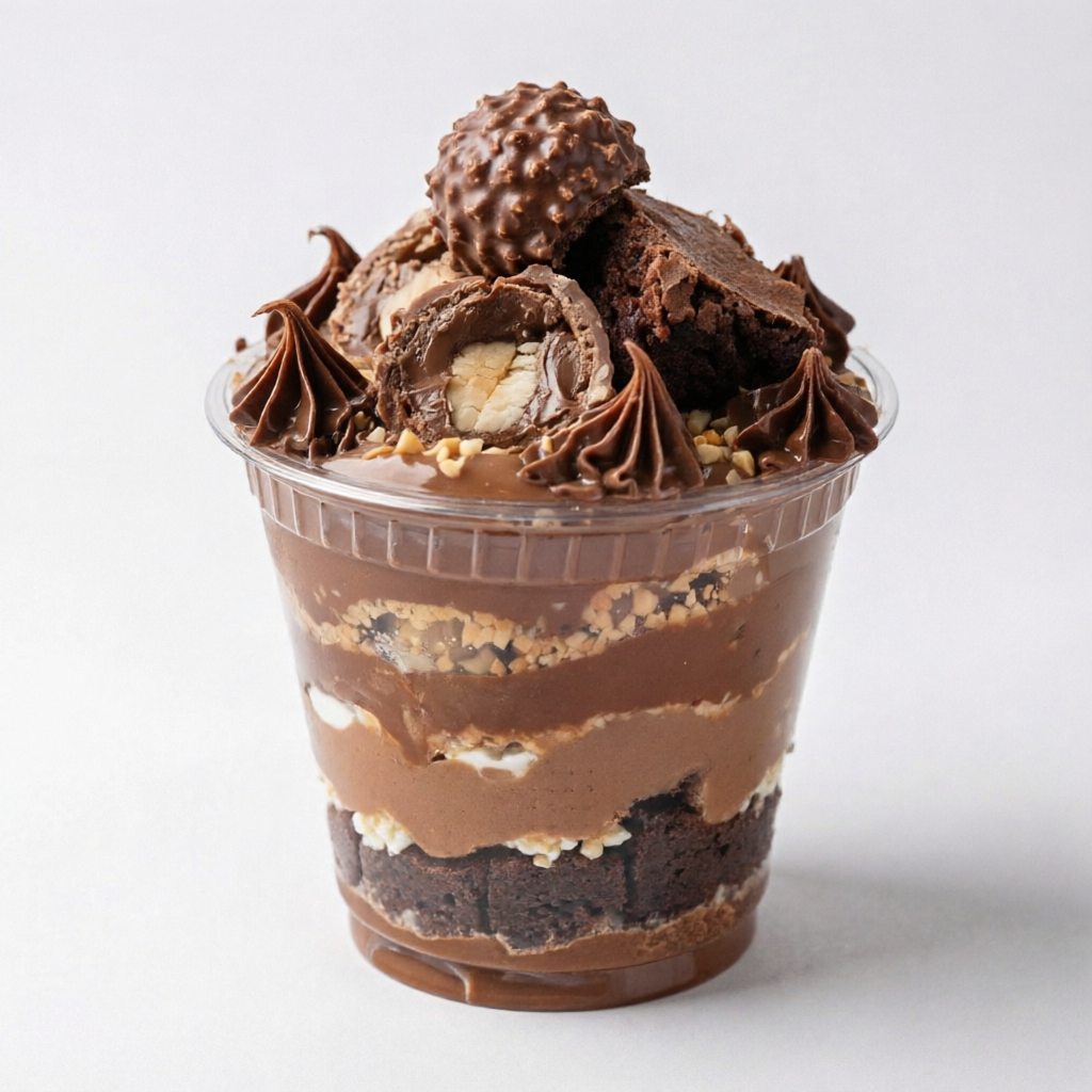 Copo com delicioso Brigadeiro Gourmet, Nutella, pedacinhos de brownie e bombom Ferrero Rocher. Peso médio 300g.