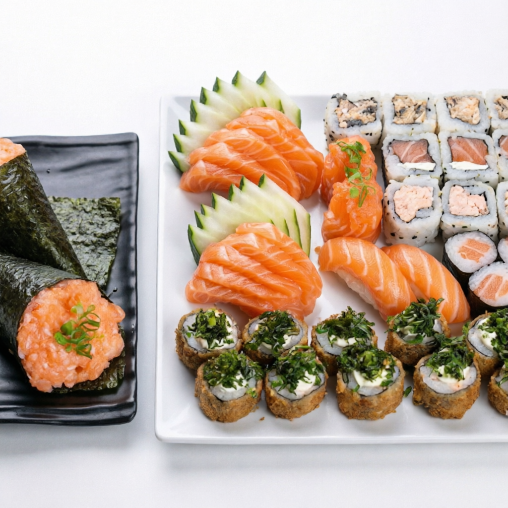 10 sashimis de salmão 2 temaki de salmão peqeno 3 uramaki de salmão 3 uramaki grelhado 4 uramaki skin 4 shakemaki 2 joy salmão 2 niguiri salmão 10 hot hol com couve frita Atenção! Sem alteração.... Deixe sua avaliaçao no app sobre este pedido, sua 5 estrela vai ajudar bastante;)