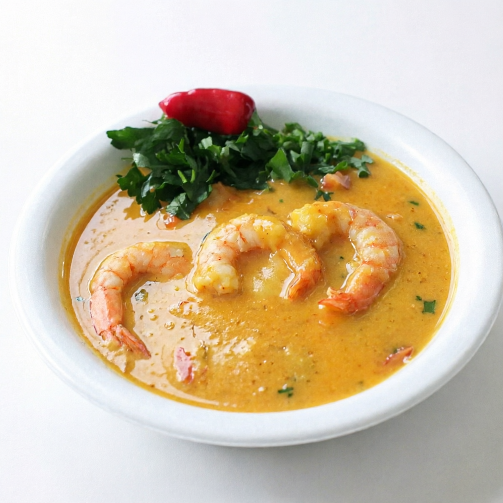 Caldo cremoso, a base de mandioca e leite de coco com camarões.
contém azeite de dendê e coentro.