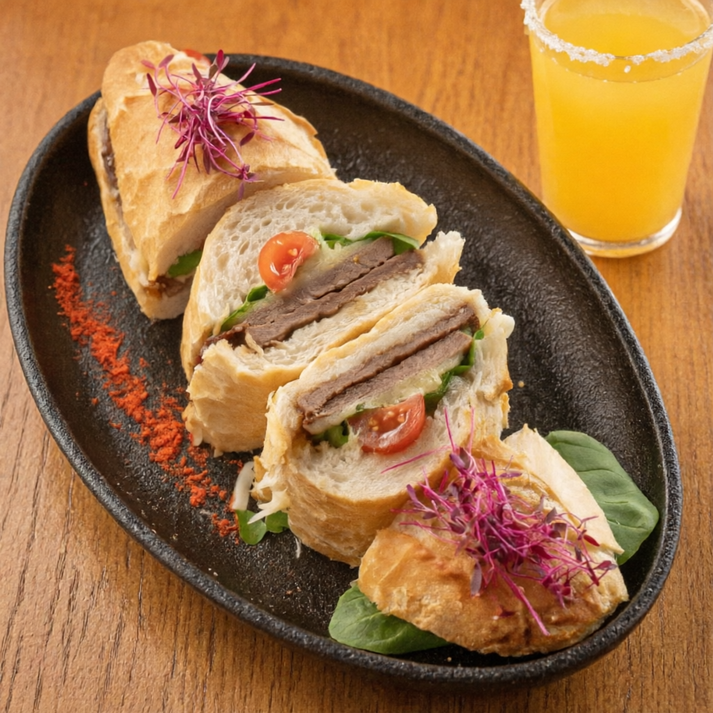 Pão baguete, file empanado com queijo,rucula e tomate.