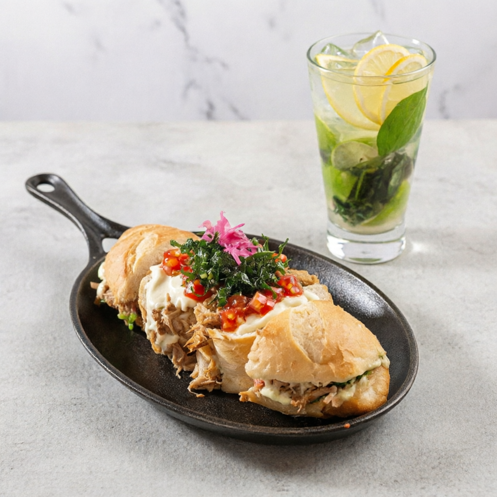 Pão baguete, maionese de ervas, pernil desfiado e vinagrete