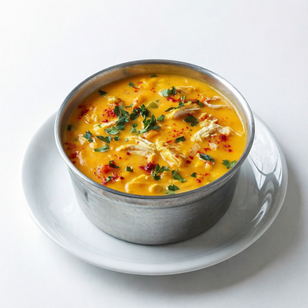 Experimente o delicioso caldo de Abóbora com frango desfiado e milho, feito com ingredientes de altíssima qualidade, você vai ador