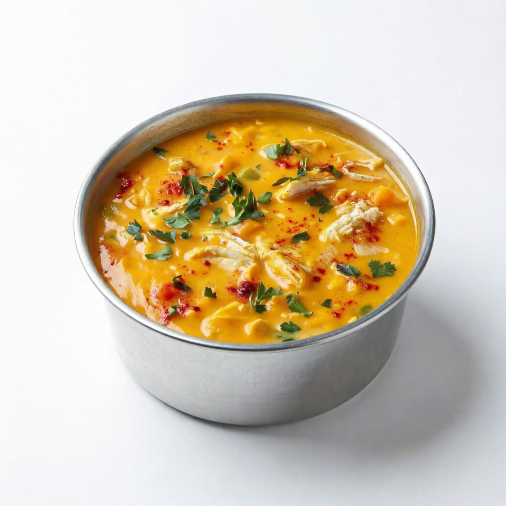 Experimente o delicioso caldo de Abóbora com frango desfiado e milho, feito com ingredientes de altíssima qualidade, você vai ador
