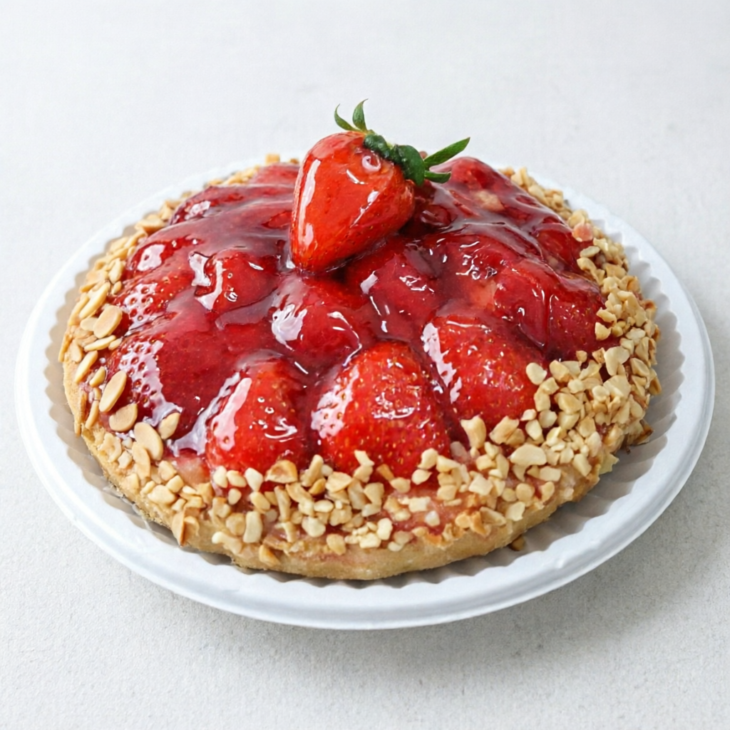 Torta de morango decorada com lâminas de amêndoas tostadas para um toque crocante.