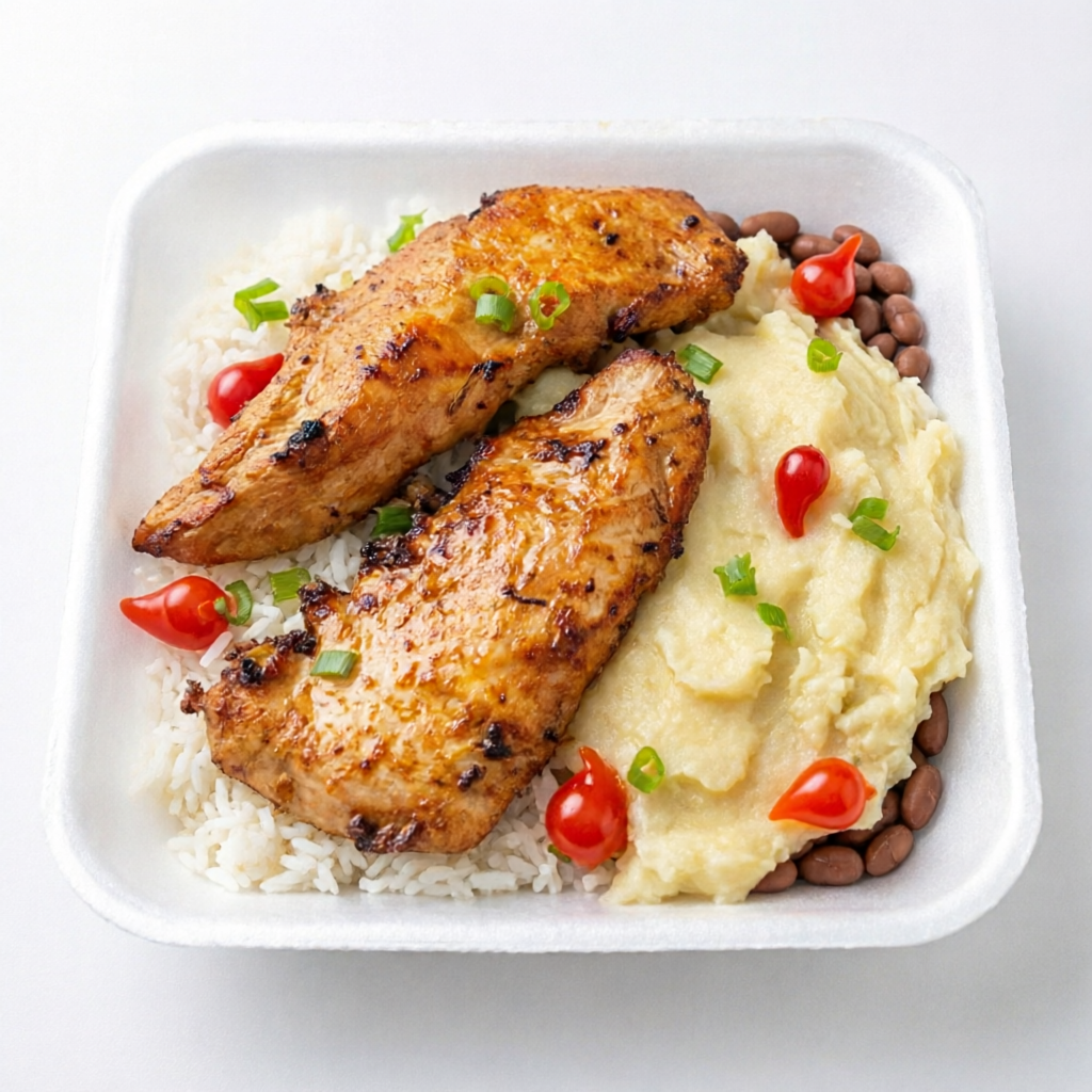 Marmita caseira de filé de frango grelhado com acompanhamento de arroz branco, feijão e purê de batata.