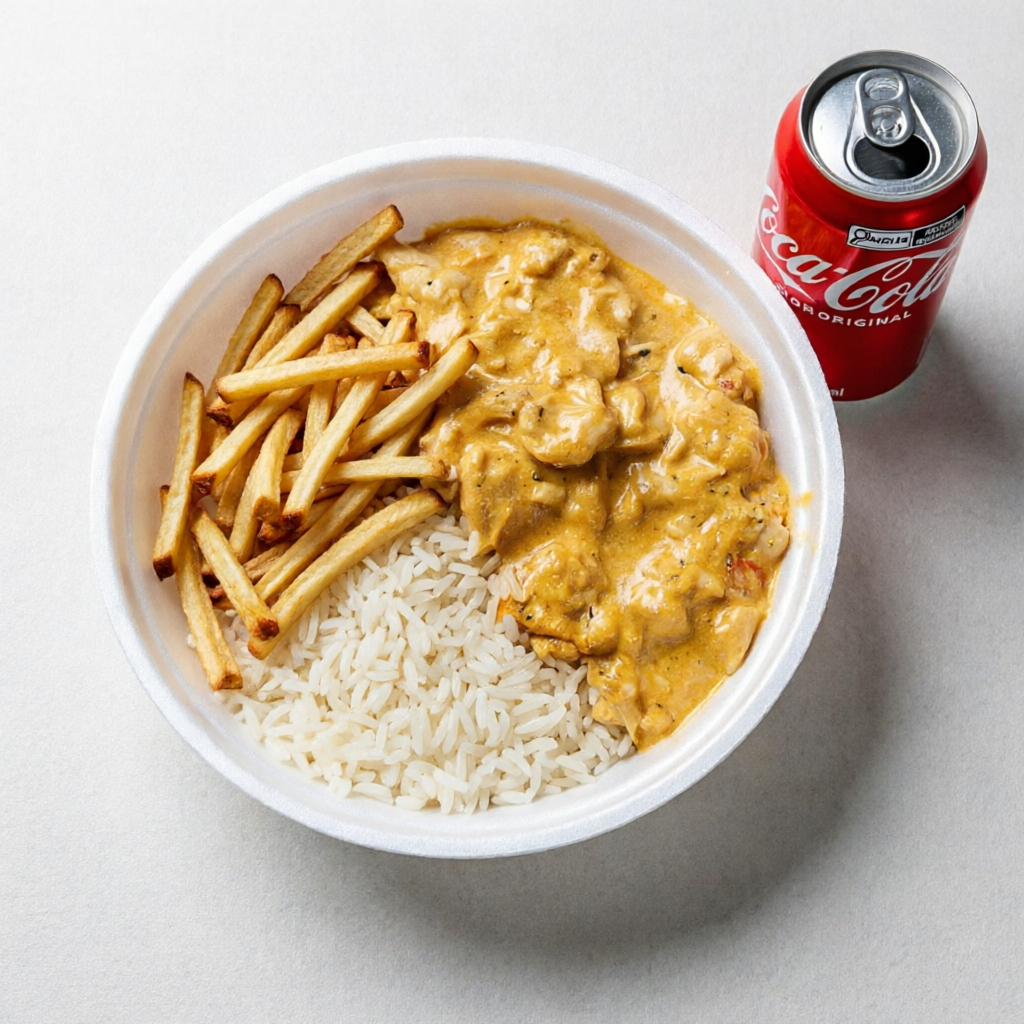 Marmita com delicioso filé de frango ao molho estrogonofe acompanhado de arroz branco e batatas fritas. Acompanha refrigerante lata Coca Cola bem gelado. Marmita indicada para 01 pessoa.