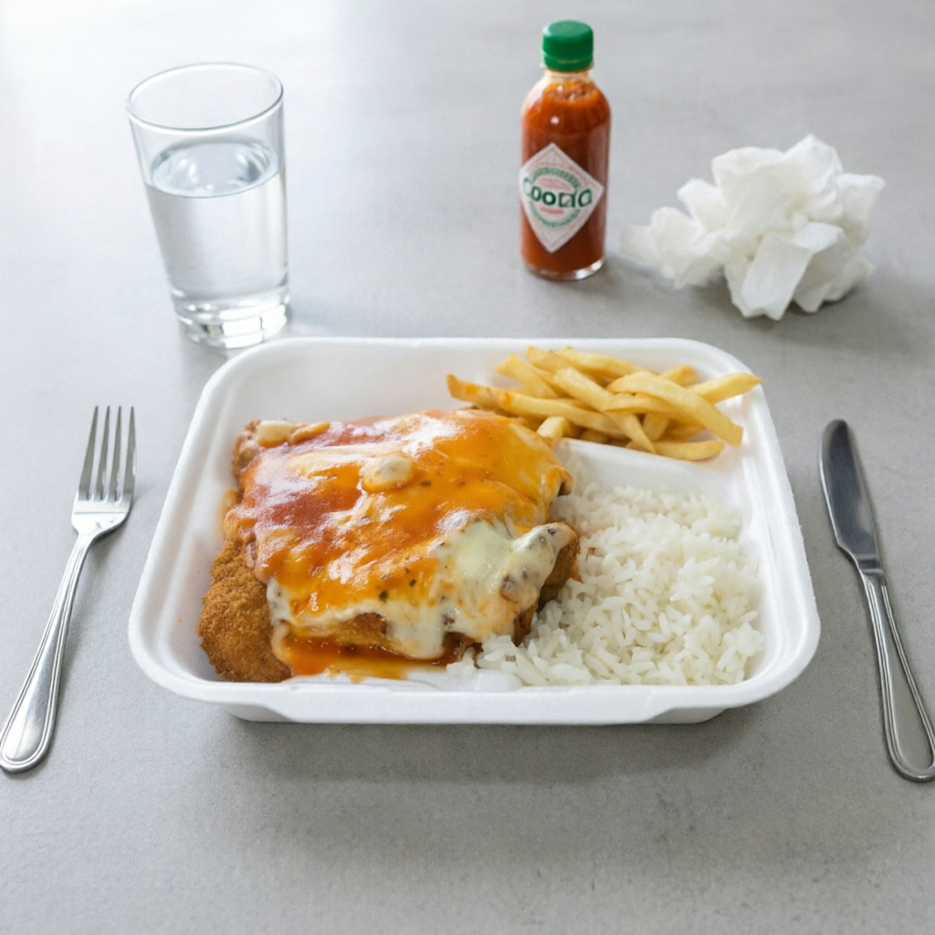 arroz soltinho acompanhado de parmegiana de frango e fritas.