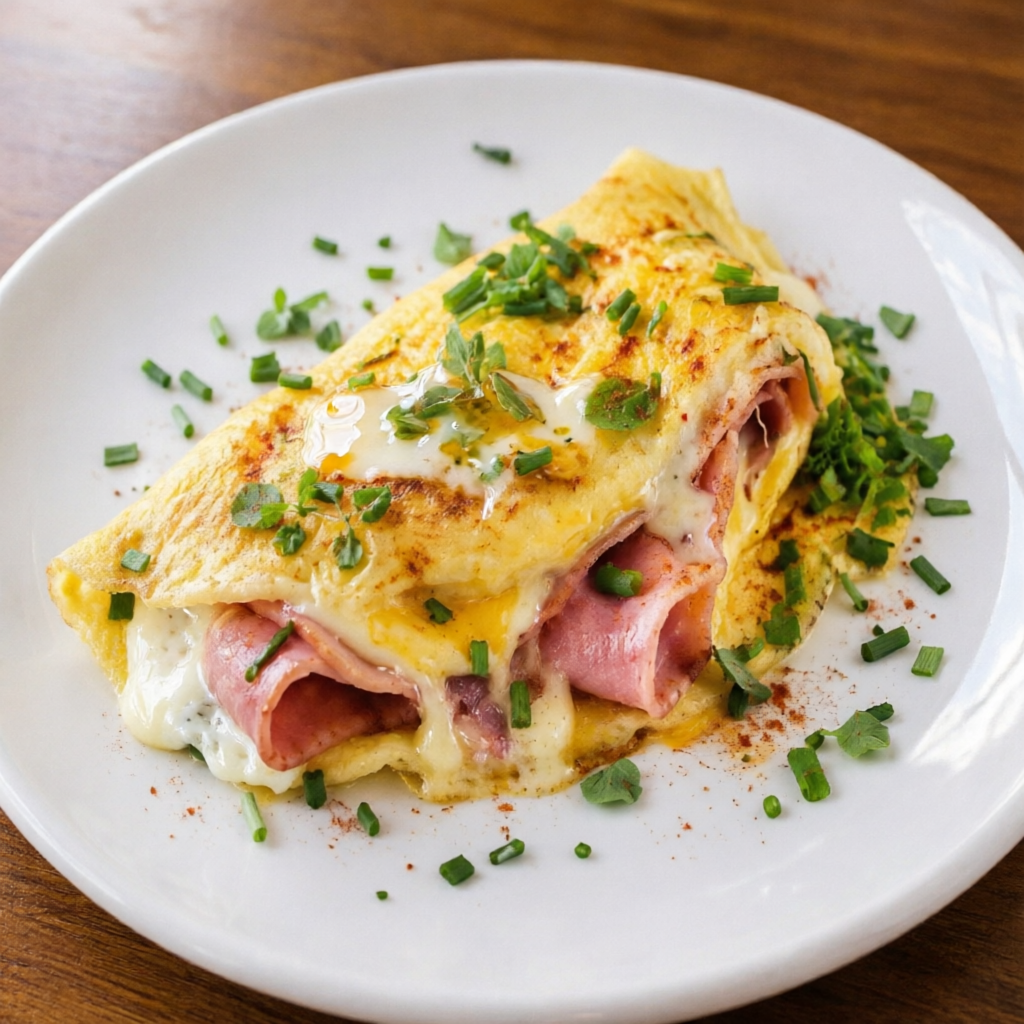 Nossa Omelete é preparada com: 03 Ovos, Presunto suculento e Queijo derretido.