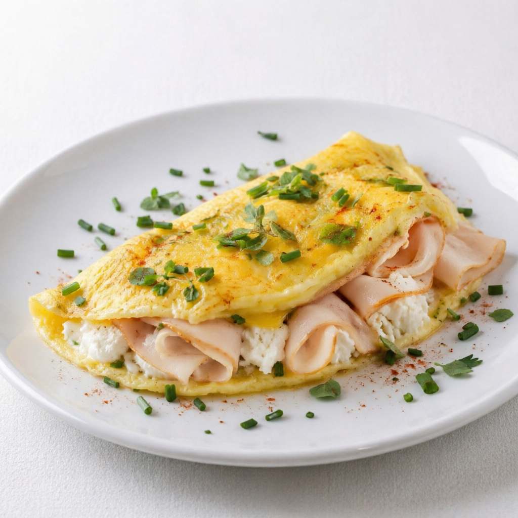 Nossa Omelete é preparada com: 03 Ovos, Peito de Peru e Queijo Branco.