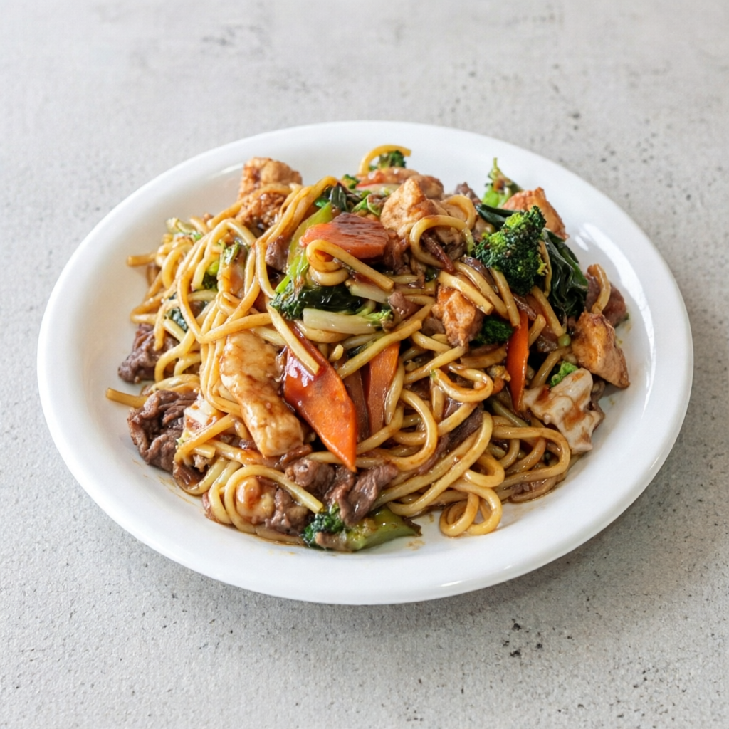 yakisoba acelga crocante,brocolis e cenoura fresca carne e frango suculentos nutritivo.