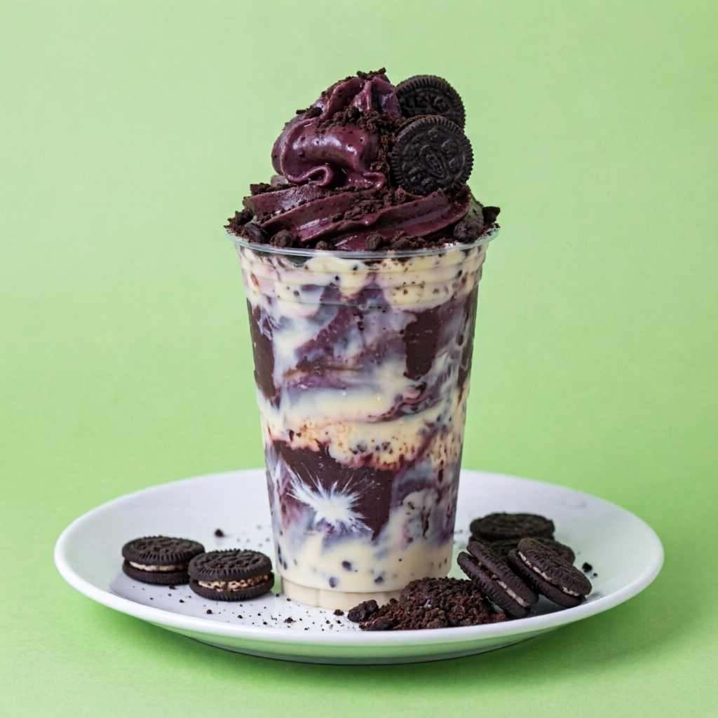 Oreo Original semi triturado, Açaí diamante premium direto do amazonas, Ganache de Ninho branco, Brigadeiro de Nescau Original, Leite em pó da melhor qualidade. (imagem ilustrativa a parte de cima vai tampada)
