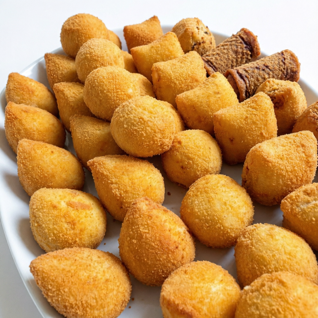 50 deliciosos salgados fritos na hora, sequinhos e crocantes! os salgados serao enviados sortidos nos sabores coxinha, risole, bolinho de queijo e bolinho de salchicha.
