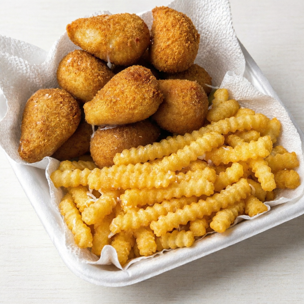 250g batata crinkle + 10 mini coxinha de frango