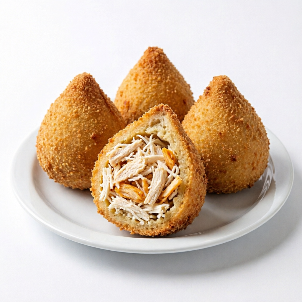 Deliciosa coxinha com massa de batata recheada com frango desfiado .
