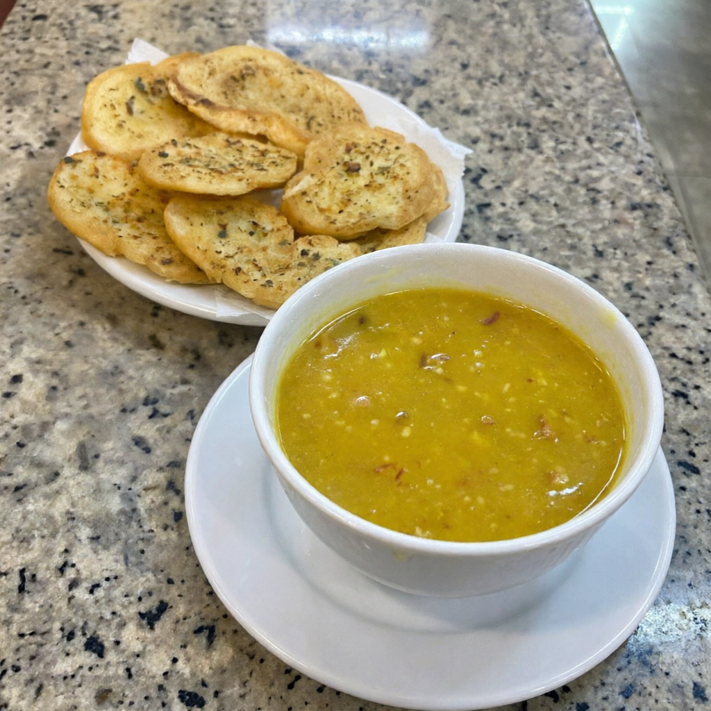 450ml de caldo de mandioquinha, acompanha pão