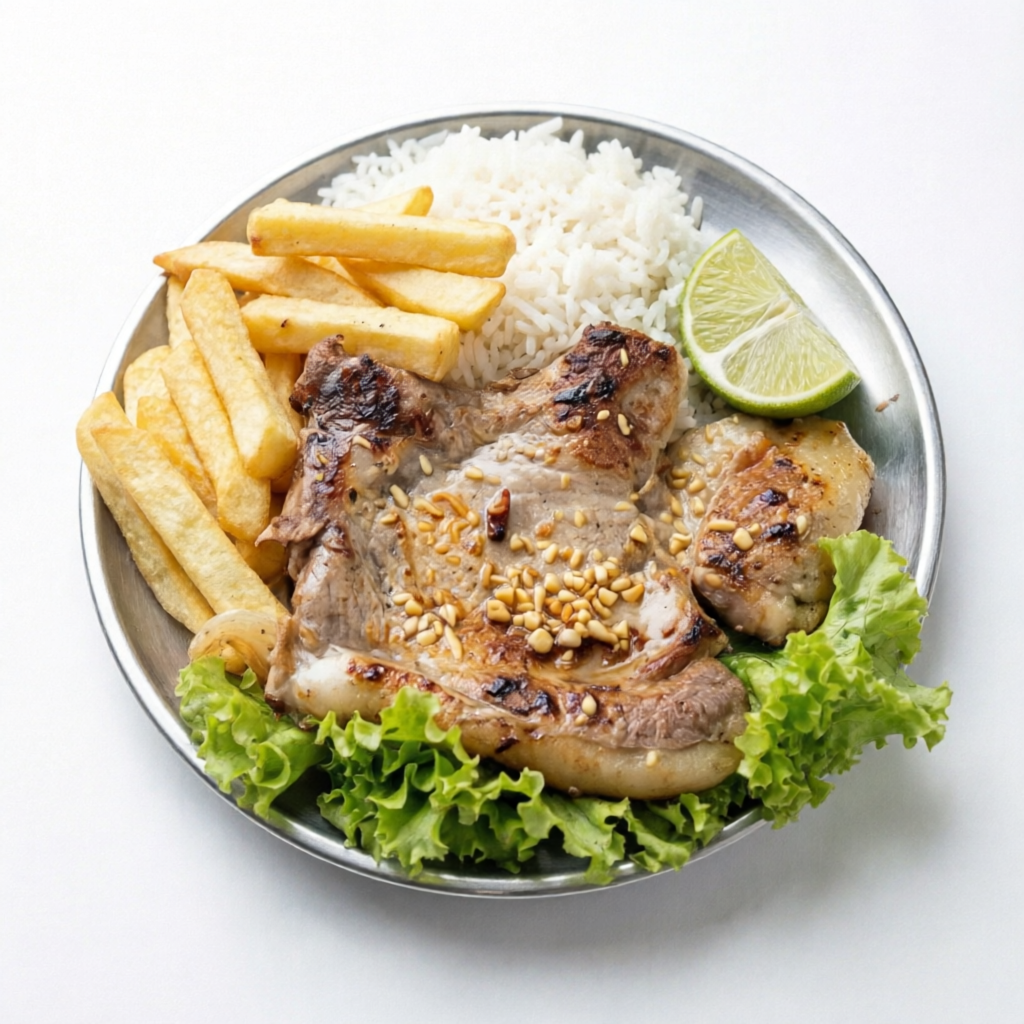 acompanha nossa suculenta bisteca ,arroz ,feijao , batata frita