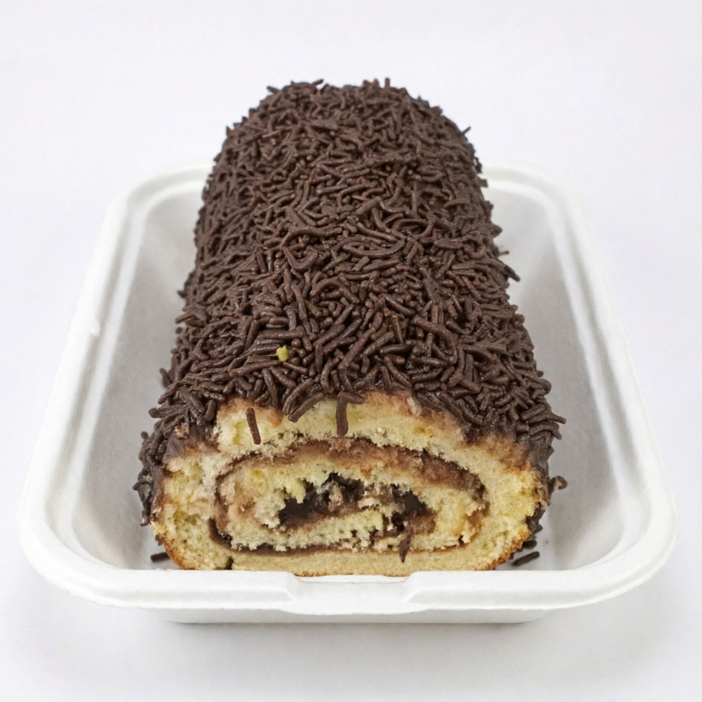 Rocambole recheio de chocolate com cobertura de brigadeiro granulado