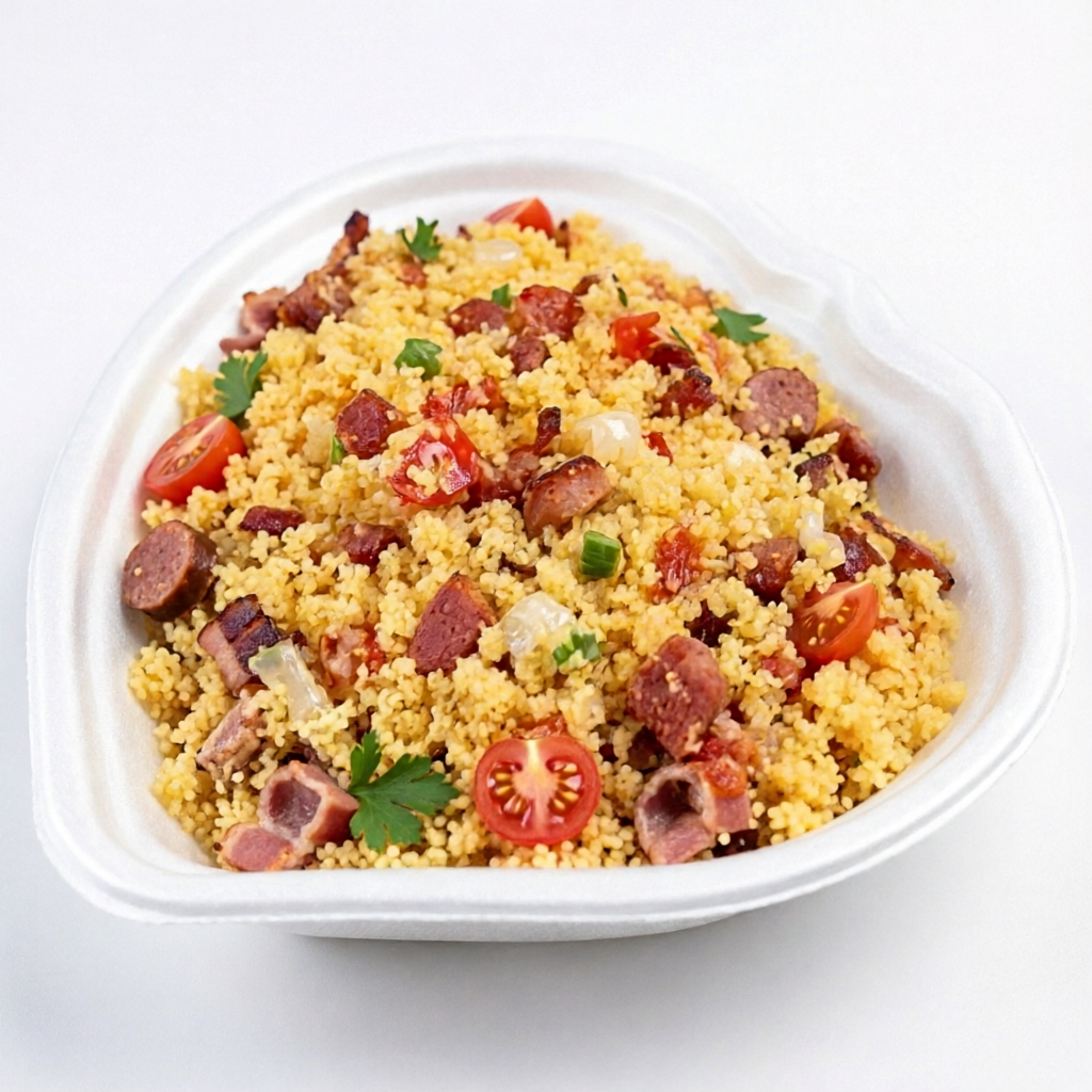 Cuscuz, bacon, calabresa, tomate e cheiro verde