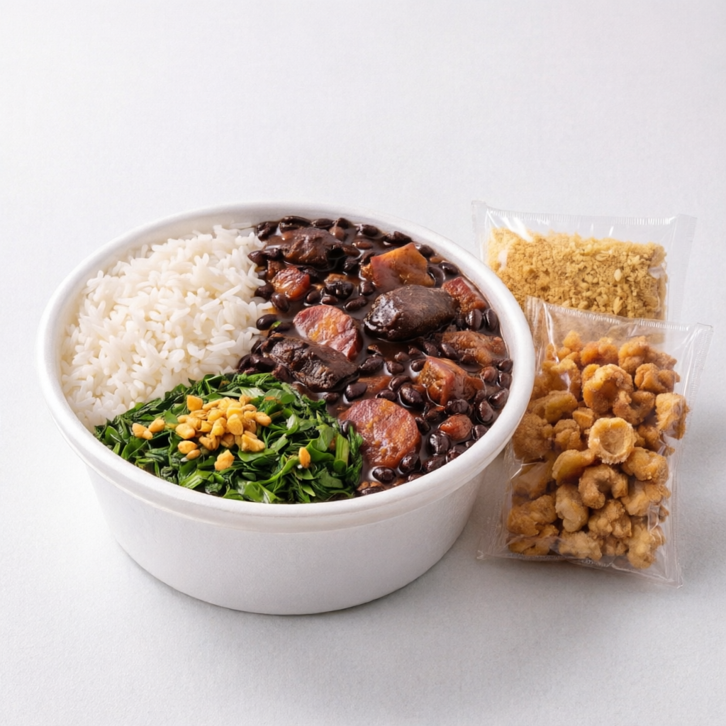 Preparada com feijão preto selecionado e carnes suínas cuidadosamente escolhidas: linguiça calabresa, bacon, costelinha, pernil, pé e rabo suíno, cozidos lentamente para garantir muito sabor e caldo encorpado. Acompanha arroz branco soltinho, couve à mineira com alho frito, farofa da casa e, de brinde, um saquinho de torresmo crocante (enviado conforme disponibilidade). Uma feijoada completa, bem servida e feita com capricho! 😋