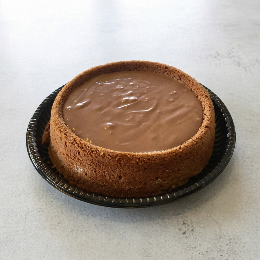 Delicioso bolo com cobertura cremosa do tipo piscina de chocolate, com aproximadamente 800g