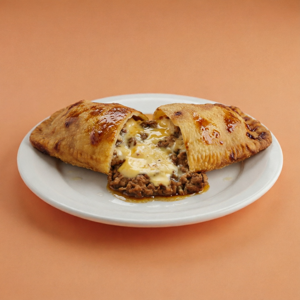 Pastel delicioso de carne com queijo fresquinho frito na hora.