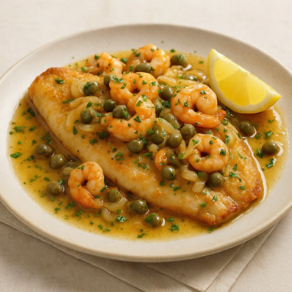 FILE DE PESCADA COM REFOGADO DE CAMARÃO,ALCAPARRAS E CEBOLAS.PRODUTO CONGELADO.FOTO ILUSTRATIVA