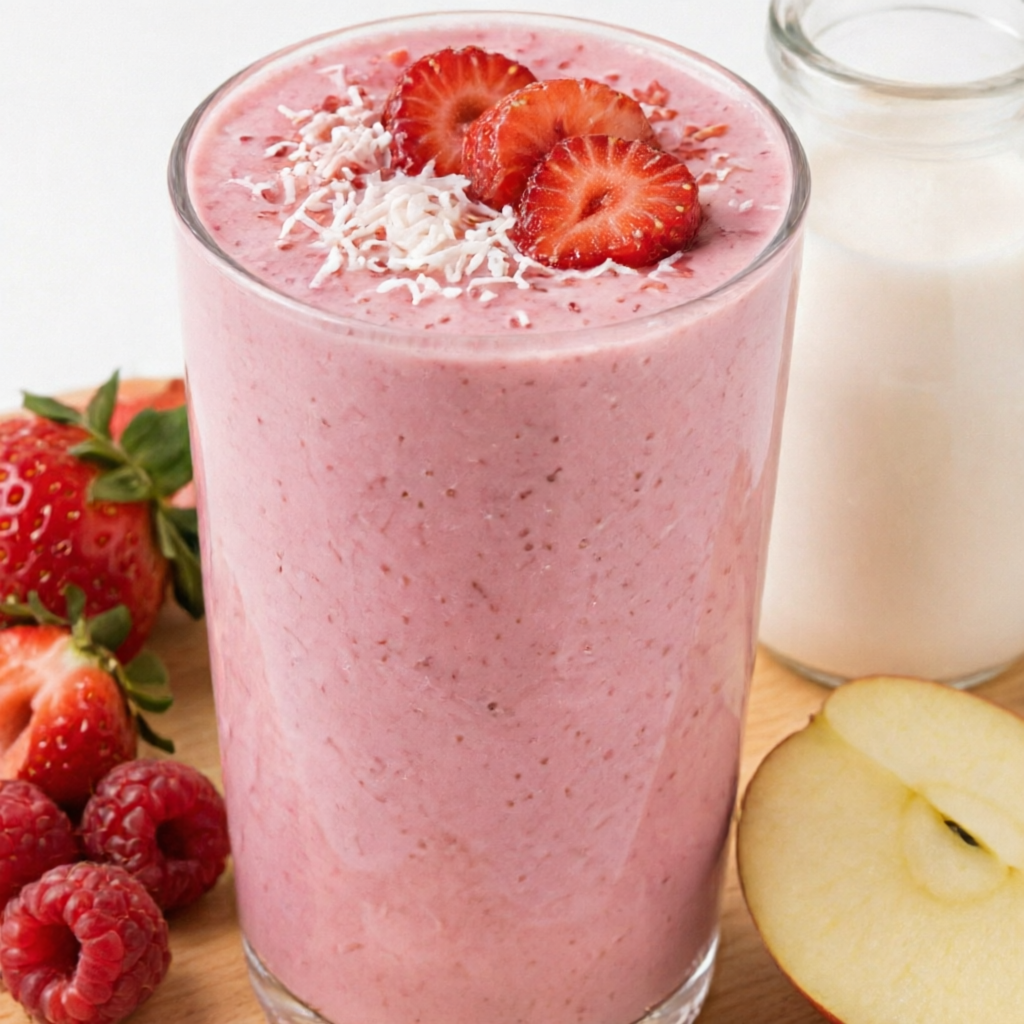 Morango, framboesa, maçã, iogurte de coco e peptídeos de colágeno.