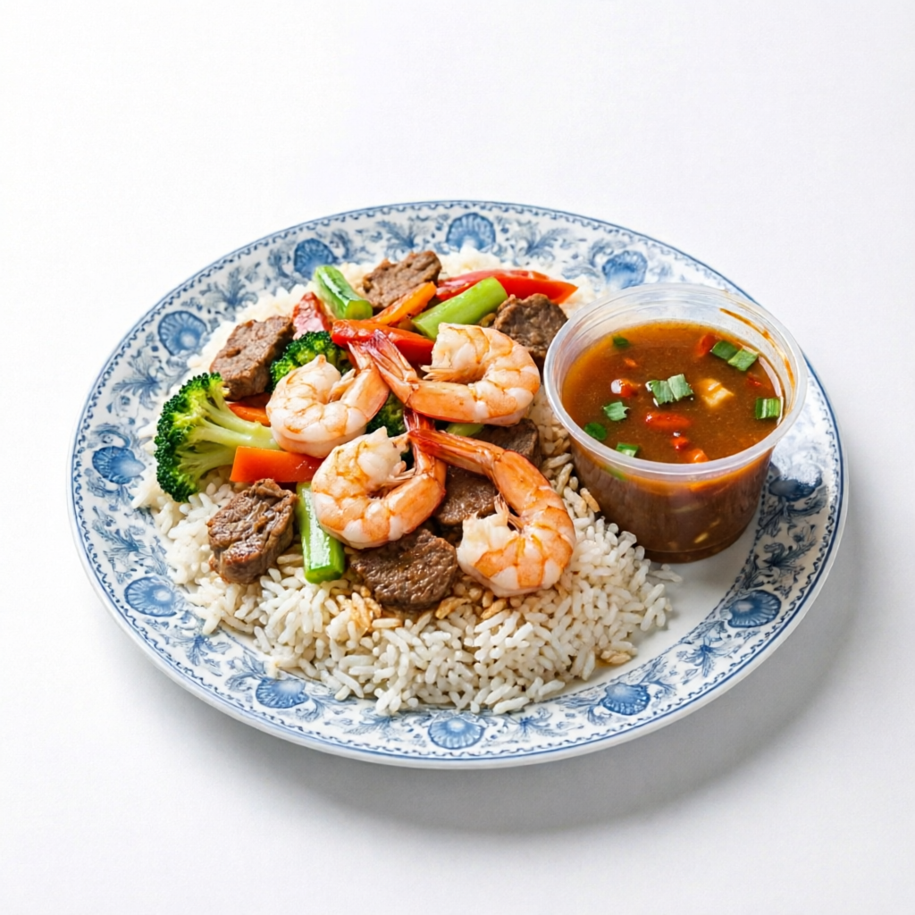 Arroz com frutos do mar, carne e legumes. (Acompanha sopinha de Samseon Jang Pong)